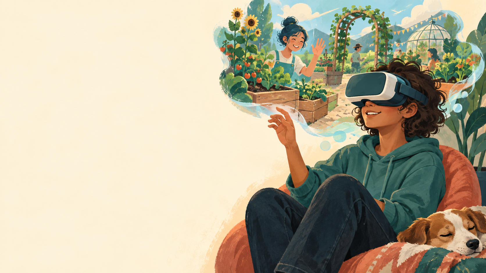 Illustration of a headset user imagining a garden and a person waving.